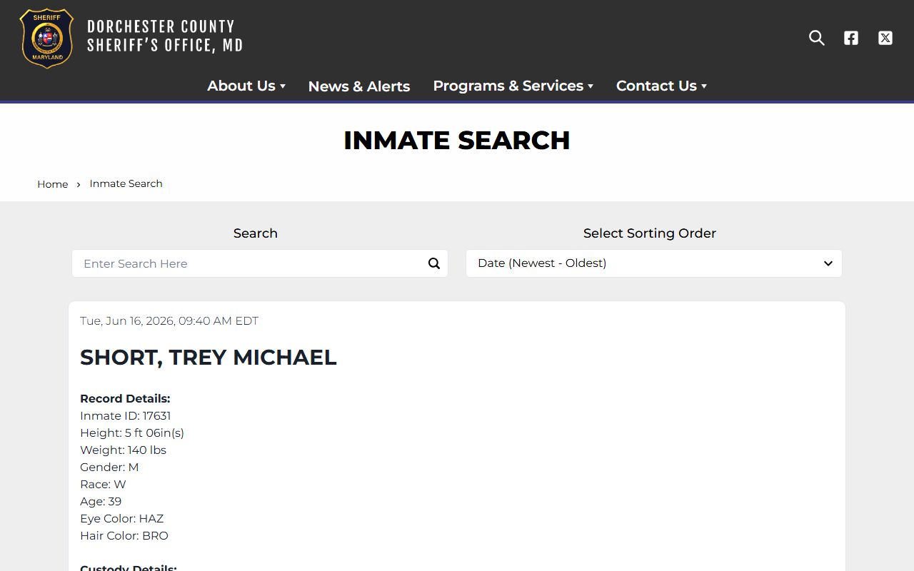 Dorchester County inmate population current jail roster search screen